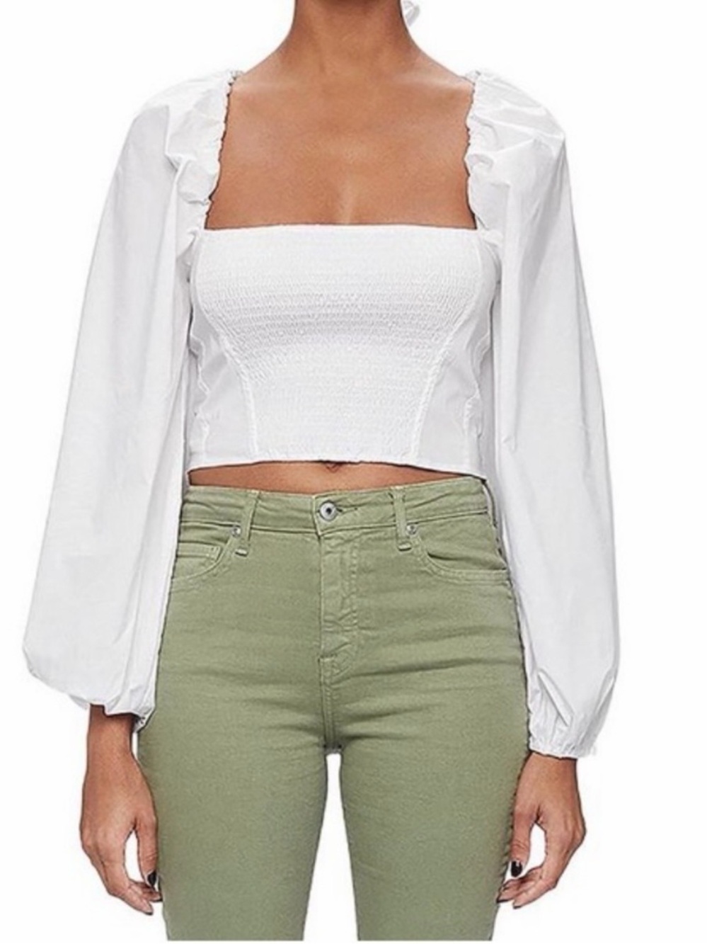 Simkhai White Cotton Smocked Square-Neck Puff Sleeve Crop Top L NWT